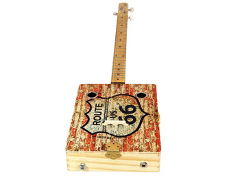 "Route 66" 3-string Illustrated Cigar Box Guitar - features vintage cigar box artwork "Route 66" 3-string Illustrated Cigar Box Guitar - features vintage cigar box artwork