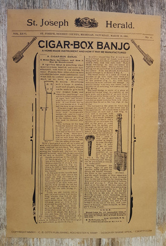 1886 Cigar Box Banjo Plans 12x18 Poster - reprint of real, vintage cigar box guitar plans!