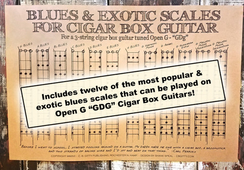 Blues Scales Poster for 3-string Open G GDG Cigar Box Guitar - includes 12 standard & exotic scales!