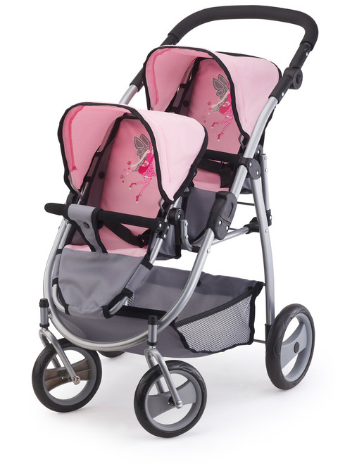 BAYER TWIN TANDEM PRAM - PINK & GREY BAYER TWIN TANDEM PRAM - PINK & GREY