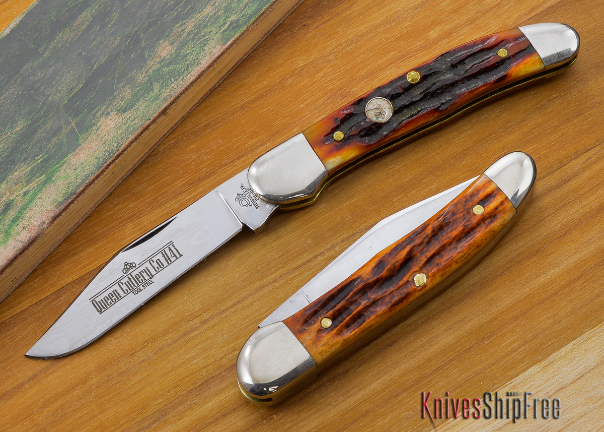 Queen Cutlery 41 Copperhead Amber Carved Stag Bone D2 Steel