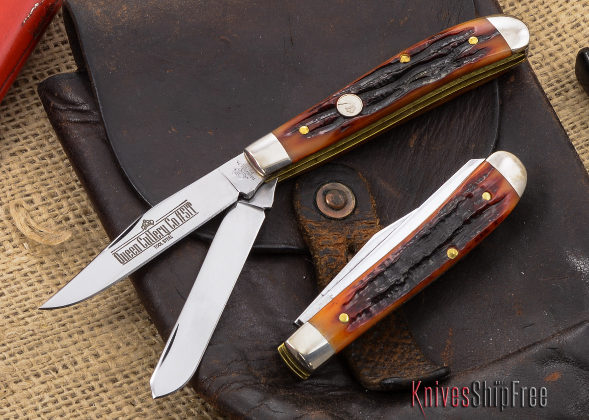 Queen Cutlery 51 MiniTrapper Amber Carved Stag Bone D2 Steel