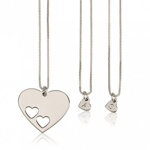 Floating Hearts Personalized Initial Necklaces Set- Sterling Silver Floating Hearts Personalized Initial Necklaces Set- Sterling Silver