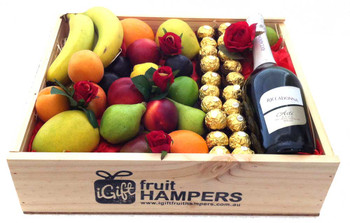 Riccadonna Fruit Hamper + Silk Red Roses + Ferrero Chocolates Riccadonna Fruit Hamper + Silk Red Roses + Ferrero Chocolates