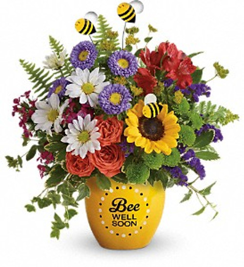 Boost their spirits and brighten their day with this garden of wellness! Hand-delivered in a sweet ceramic "Bee Well Soon" pot, this colorful arrangement of roses, alstroemeria and asters is abuzz with delightful bee decorations - and your very best wishes for a speedy recovery. Boost their spirits and brighten their day with this garden of wellness! Hand-delivered in a sweet ceramic "Bee Well Soon" pot, this colorful arrangement of roses, alstroemeria and asters is abuzz with delightful bee decorations - and your very best wishes for a speedy recovery.
