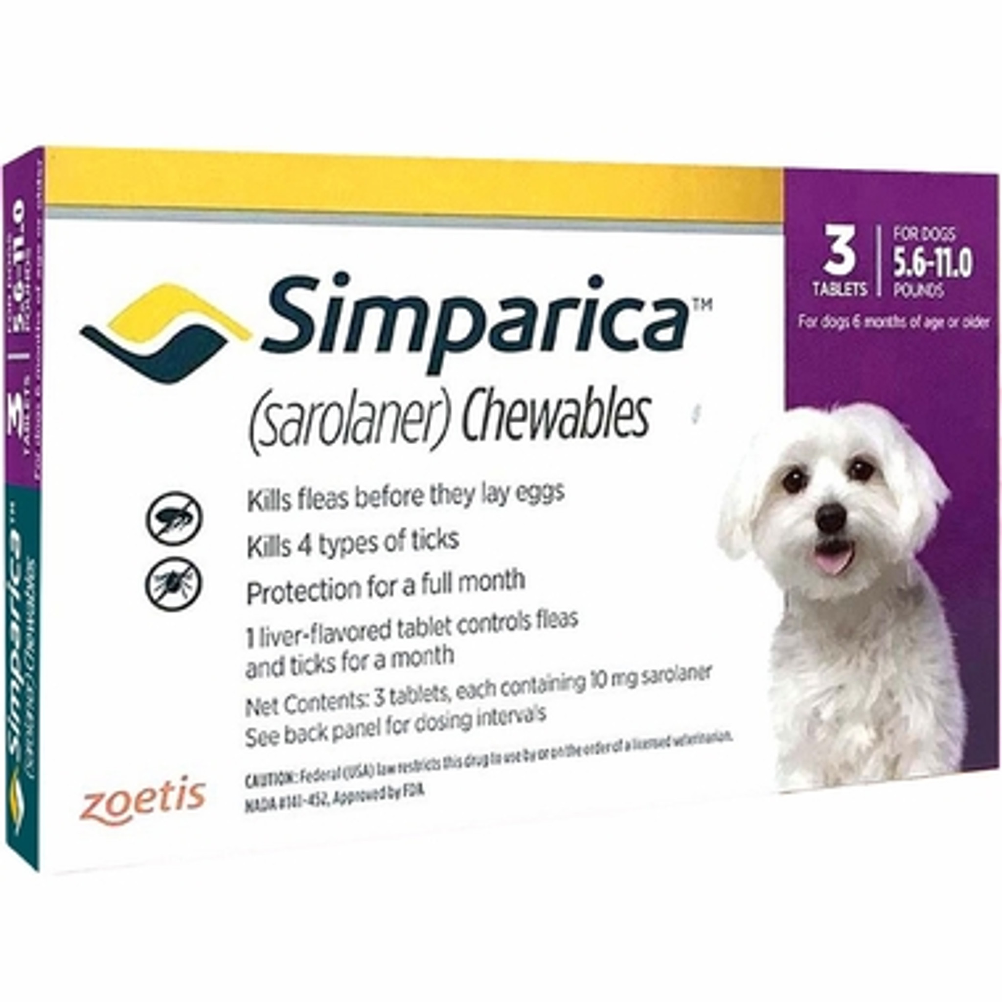 Simparica For Small Dogs &amp; Puppies 611lbs (2.65kg) 3 Chews Sierra