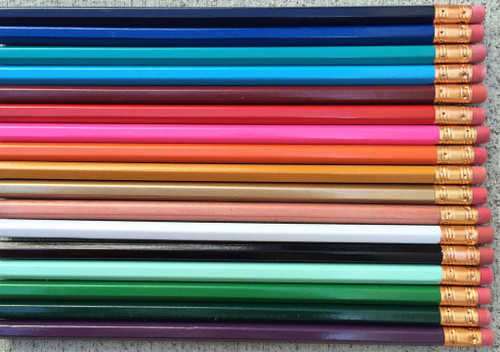 Copper ferruled, full-length, #2 lead pencils come in a variety of colors.
Pictured here, from top to bottom are:
Navy, Royal Blue, Teal, Light Blue, Burgundy, Red, Pink, Orange, Yellow, Gold, Natural Lacquered, white, Black, Mint (not available with Easy Order ordering - go to 8pt Fonts link under Hexagonal Pencils to order Mint pencils), Emerald, Dark Green and Purple. Copper ferruled, full-length, #2 lead pencils come in a variety of colors.
Pictured here, from top to bottom are:
Navy, Royal Blue, Teal, Light Blue, Burgundy, Red, Pink, Orange, Yellow, Gold, Natural Lacquered, white, Black, Mint (not available with Easy Order ordering - go to 8pt Fonts link under Hexagonal Pencils to order Mint pencils), Emerald, Dark Green and Purple.