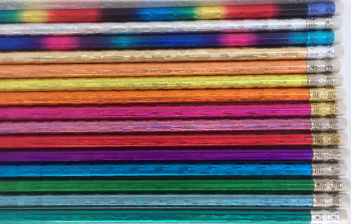 Assorted Glitz pencils sold by individual color or in assortments. Available colors include: silver, gold, copper, orange, yellow, light pink, magenta, red, purple, royal blue, light blue, turquoise, green, rainbow and spectrum (magenta, purple and royal blue combination). Assorted Glitz pencils sold by individual color or in assortments. Available colors include: silver, gold, copper, orange, yellow, light pink, magenta, red, purple, royal blue, light blue, turquoise, green, rainbow and spectrum (magenta, purple and royal blue combination).