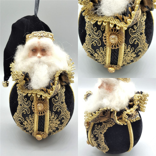 Black & Gold Santa lavish Christmas tree decoration with beautiful large round velvet bauble body with crystal.
