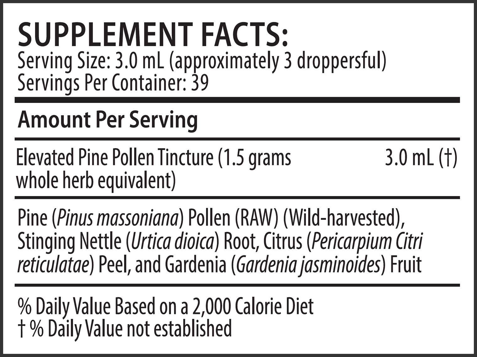 Elevated Pine Pollen Tincture 4 Ounce Supplement Facts Elevated Pine Pollen Tincture 4 Ounce Supplement Facts