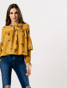 Mustard Floral Balloon Sleeve Frill Top