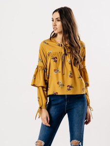 Mustard Floral Balloon Sleeve Frill Top