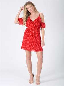 Red Polka Dot Ruffle Cold Shoulder Mini Dress
