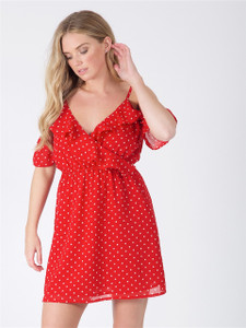 Red Polka Dot Ruffle Cold Shoulder Mini Dress