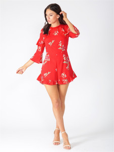 Red Floral Ruffle Shoulder Playsuit