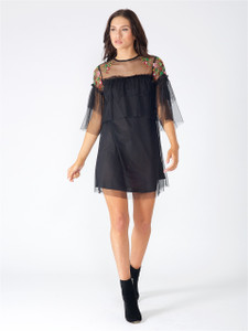 Black Double Layer Embroidered Mesh Dress