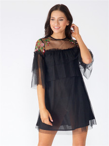 Black Double Layer Embroidered Mesh Dress