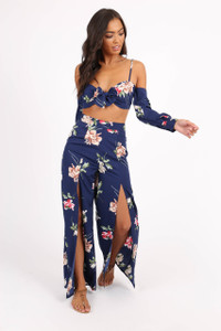 Navy Floral Cold Shoulder Tie Front Crop Top