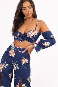 Navy Floral Cold Shoulder Tie Front Crop Top
