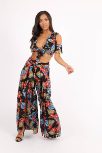 Black Tropical Cold Shoulder Tie Front Crop Top