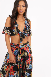 Black Tropical Cold Shoulder Tie Front Crop Top