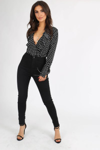 Black Polkadot Ruffle Front Bodysuit