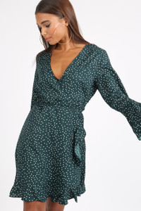 Green Polkadot Ruffle Wrap Mini Dress
