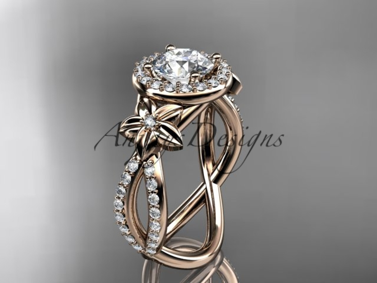 14k Rose Gold Leaf And Flower Diamond Unique Engagement Ring Wedding With A 14k Rose Gold Leaf And Flower Diamond Unique Engagement Ring Wedding With A