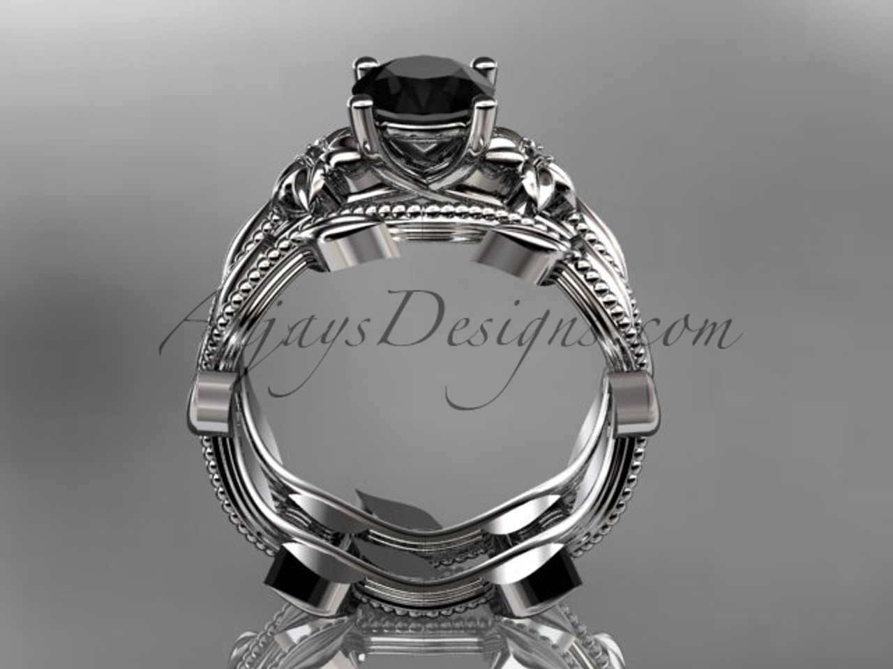 Unique 14k white gold floral wedding ring engagement set black diamond