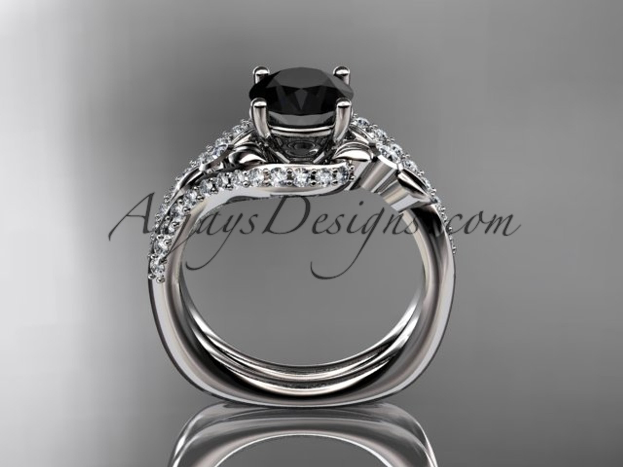 platinum diamond leaf and vine engagement ring set with a Black Diamond ...