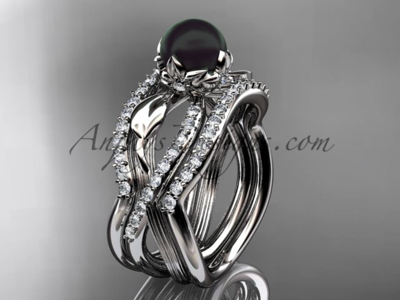 Black Pearl Flower Platinum Wedding Ring Set ABP70S Shop for unique tahitian black pearl wedding ring sets online at anjaysdesigns.com Free shipping. Platinum tahitian black pearl flower bridal ring set ABP70S
