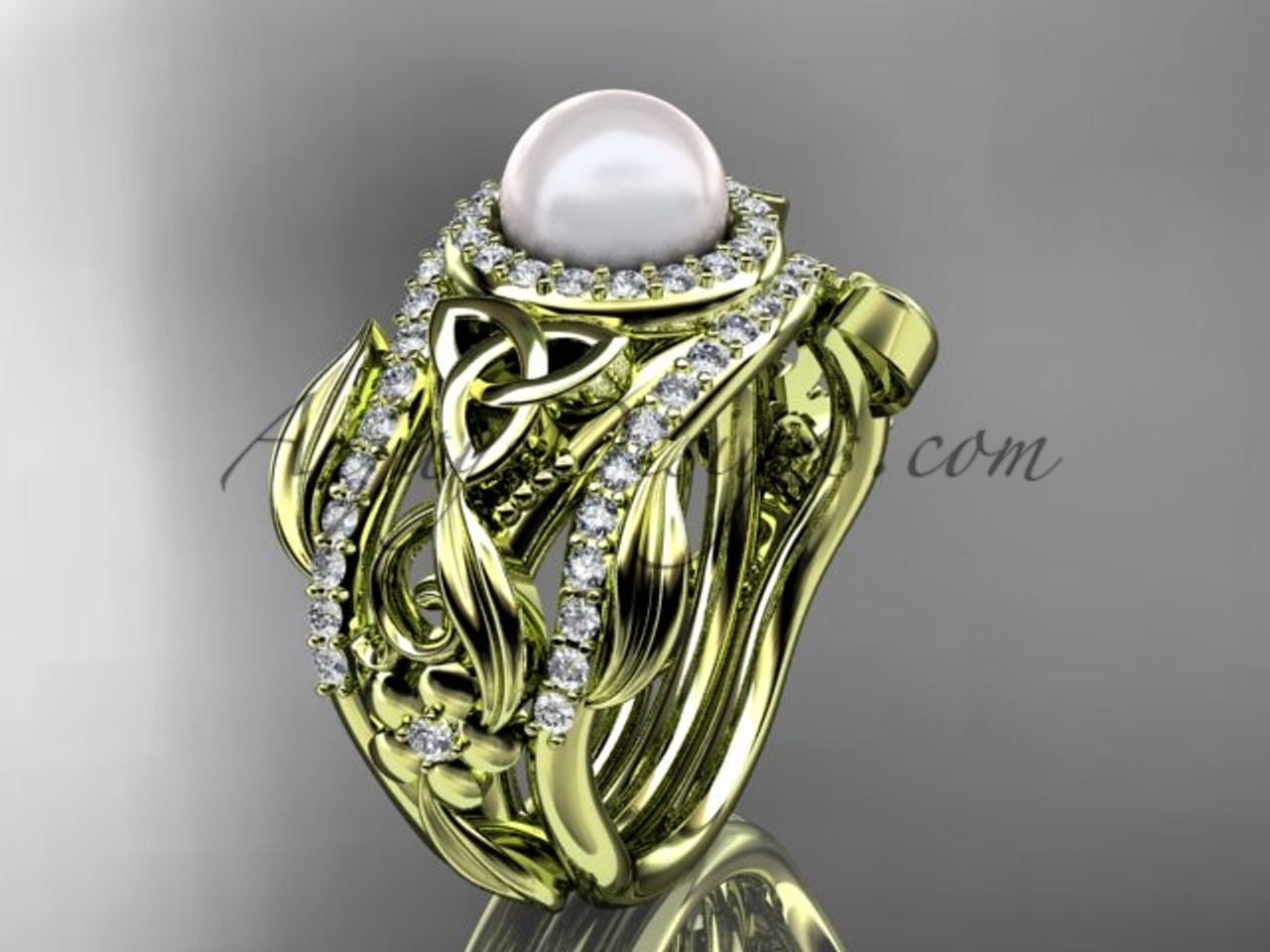 Pearl Double Band Wedding Ring Yellow Gold Set Ctbp7300s Triquetra Celtic Pearl Double Band Engagement Ring Yellow Gold Wedding Set Ctbp7300s