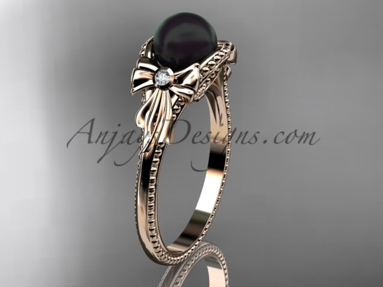 Rose Gold Tahitian Black Pearl Bow Wedding Ring Abp376 Bow Engagement Ring Rose Gold Round Tahitian Black Cultured Pearl Wedding Abp376