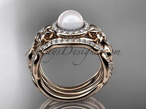 Matching Engagement Rings Halo Rose Gold Pearl Ring Abp300s Halo Diamond Pearl Matching Engagement Rings 14kt Rose Gold Unique Wedding Ring Ap300s