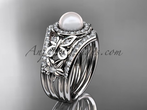 Double Band Wedding Ring Pearl White Gold Ap524s Pearl Double Band Ring Set 14kt White Gold Fl Wedding With Diamonds Ap524