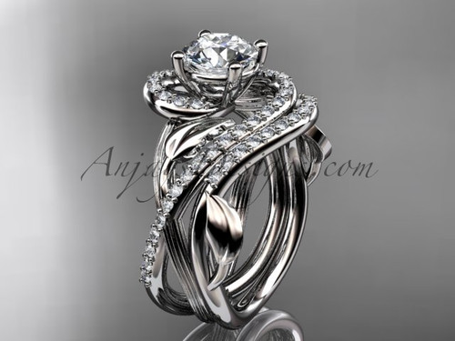 Unique platinum diamond leaf and vine wedding set engagement set