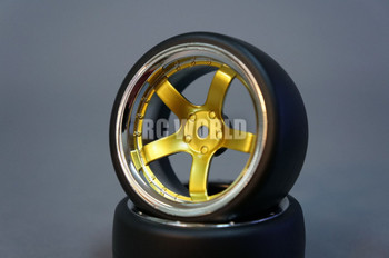 RC Car 1/10 DRIFT WHEELS TIRES Package 6MM Offset GOLD W/ CHROME LIP 5 Star RC Car 1/10 DRIFT WHEELS TIRES Package 6MM Offset GOLD W/ CHROME LIP 5 Star