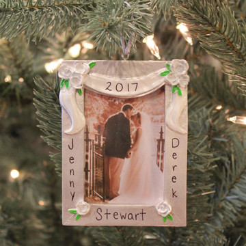 Silver and White Wedding Picture Frame Personalized Christmas Ornament ...