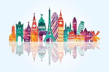 Famous European Landmarks Eiffel Tower Big Ben Leaning Tower Skyline Artistic Mural Giant Poster 54x36 inch Famous European Landmarks Eiffel Tower Big Ben Leaning Tower Skyline Artistic Mural Giant Poster 54x36 inch