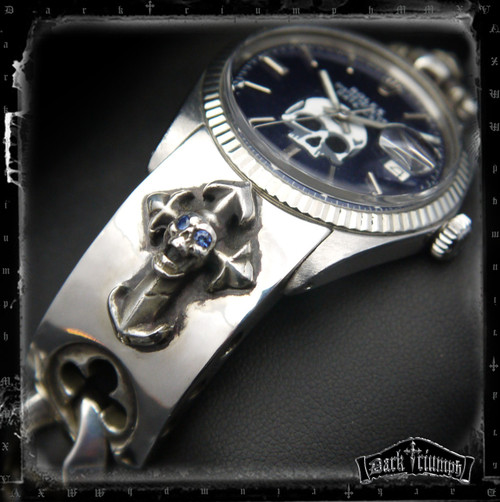 Vintage Rolex DateJust Watch on Blue Sapphire Skull Cross Bracelet in Sterling Silver | SCREAMING DEMON Vintage Rolex DateJust Watch on Blue Sapphire Skull Cross Bracelet in Sterling Silver | SCREAMING DEMON