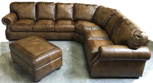 Sofa split wedge + Loveseat Split Config #2, Ottoman extra (Shown in Ashton Chestnut/Croc tooling and window panes, EXTRA CHARGE)