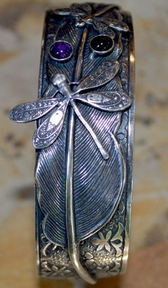 Dragonflies on Feather Cuff Bracelet | Elaine Coyne Jewelry