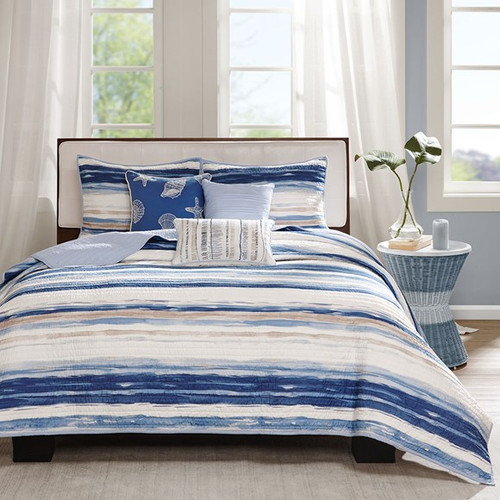 Marina Watercolor Striped Coverlet Set - Queen Size