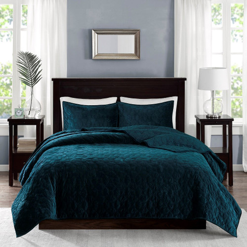 Harper Teal Velvet Coverlet Set-Queen