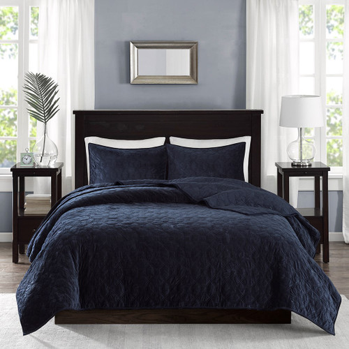 Harper Navy Velvet Coverlet Set - Queen Size