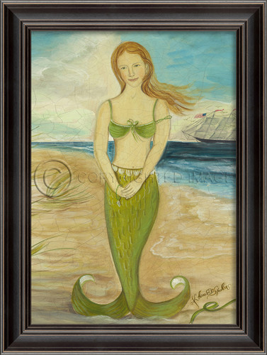 Large Red-Headed Mermaid in Green Framed Art