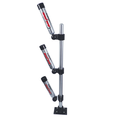 These Triple Multi-Set rod holders are mounted on a 36 inch mast with a heavy-duty aluminum base. The mast can be rotated 90 degrees to four locking positions or easily removed for storage.