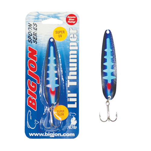 The Lil' Thumper is a 3-1/2 inch by 13/16 inch trolling spoon that is a proven tournament winner!
The "Enticer" is a Black, Blue and Glow Latterback color pattern. (Click On Image For Larger View).
