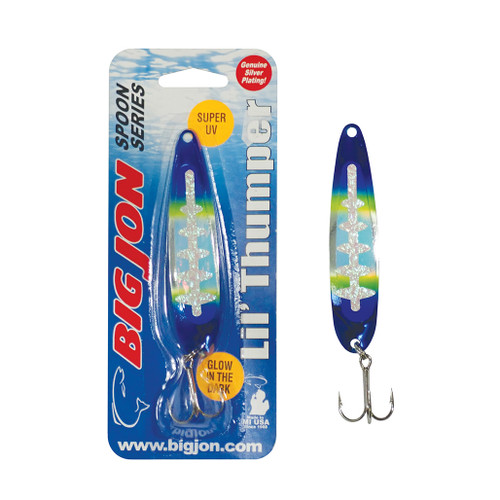 The Lil' Thumper is a 3-1/2 inch by 13/16 inch trolling spoon that is a proven tournament winner!
The "Diabolical" is a Blue, Green and Silver Ladderback color pattern.