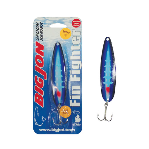 The Fin Fighter is a 4-1/4 inch by 1 inch trolling spoon that is a proven tournament winner!
The "Enticer" is a Black, Blue and Glow Ladderback color pattern.